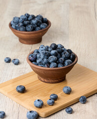 Ripe blueberries in a bowl on the table, healthy and tasty berry