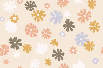Seamless background with primitive childish floral pattern. Simple minimalistic pastel background, cute big light flowers in boho style. Baby wallpaper, print for banner, postcard, packaging, textile