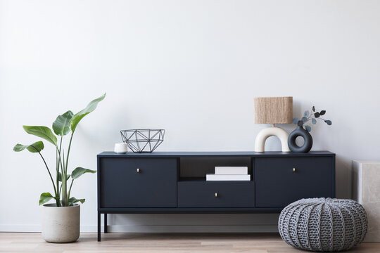 View of modern scandinavian style interior with trendy vase, Home staging and minimalism concept