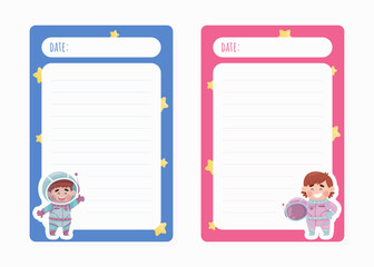 Note Card with Cute Kid Astronaut Character in Space Suit Vector Template