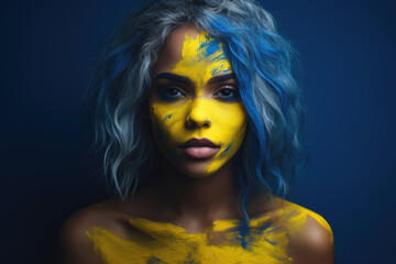 Beautiful woman portrait with blue and yellow colors