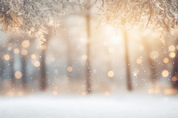 abstract winter forest with blurred lights in snow - obrazy, fototapety, plakaty