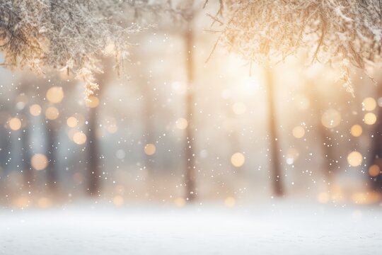 abstract winter forest with blurred lights in snow