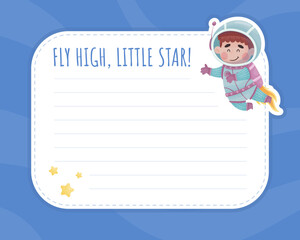 Note Card with Cute Kid Astronaut Character in Space Suit Vector Template