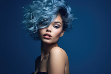 Fototapeta premium Beautiful woman portrait with light blue colors