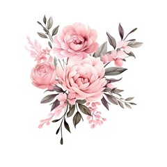 Watercolors pink flower bouquets leaf branches isolated