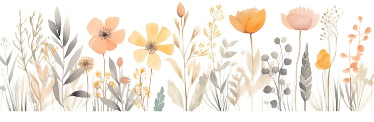Watercolor Image Of Plants and Flowers isolated