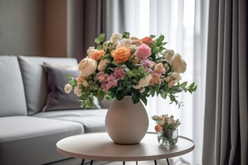 A bouquet of beautiful flowers in a vase on the table in the living room. Interior design, decoration concept