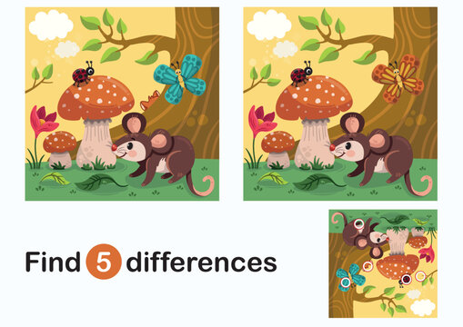 Find differences education game for children. Little forest animals in the nature. Vector illustration.