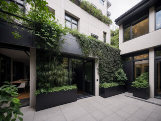 Fototapeta na wymiar Digital photo of a beautiful apartment with a lot of greenery growing on the facade, dreamy biophilic design