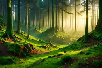 Magical fairytale forest. Coniferous forest covered of green moss