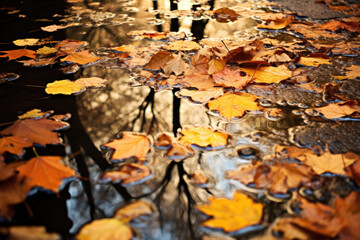 Puddles reflecting autumn foliage