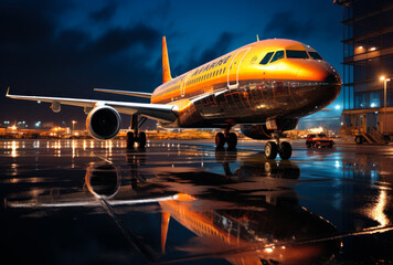 A commercial jetliner parked on the tarmac at an airport. A large jetliner sitting on top of an airport tarmac