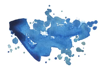 Foto op Plexiglas anti-reflex Ink watercolor hand drawn blot. Wet blue color paper texture stain on white background. © Liliia