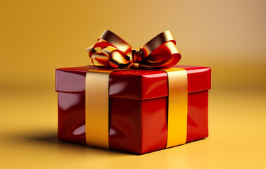 A beautifully wrapped gift box with a red color and a gold ribbon and bow. A red gift box with a gold ribbon and a bow
