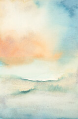 Ink watercolor hand drawn smoke flow stain blot on wet paper texture background. Beige, blue pastel colors.