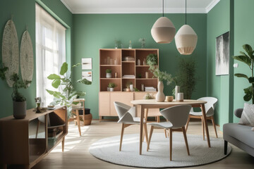 Green modern dining room. Generative AI