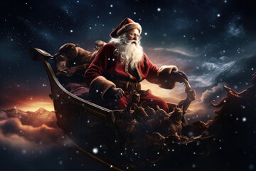 Obraz na płótnie Canvas Santa Claus riding his sleigh in the night sky