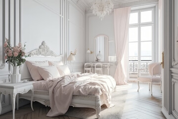 Fototapeta na wymiar Luxury bedroom, in light colors with Victorian furniture. Generative AI