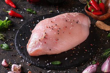 Still life with raw turkey breast before cooking, close up, low key dark photography with selective focus
