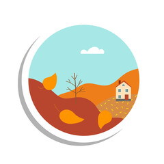 autumn  landscape with house, circle vector sticker 
