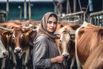 Dairy farm worker, Middle eastern woman standing near cow cattle herd. Generative AI