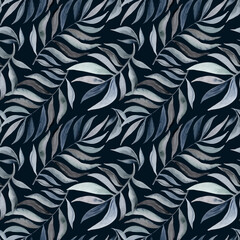 Seamless pattern with grey leaves. Hand-drawn watercolor illustration. Plants on dark background.	