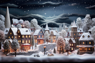 Snow-covered village with Christmas decorations
