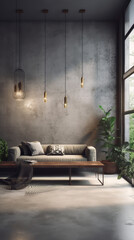 Interior of a living room with cement walls and pendant lamps. Generative AI