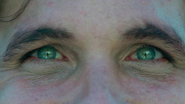 Extreme closeup of man eyes looking at camera. Macro eye of male person staring
