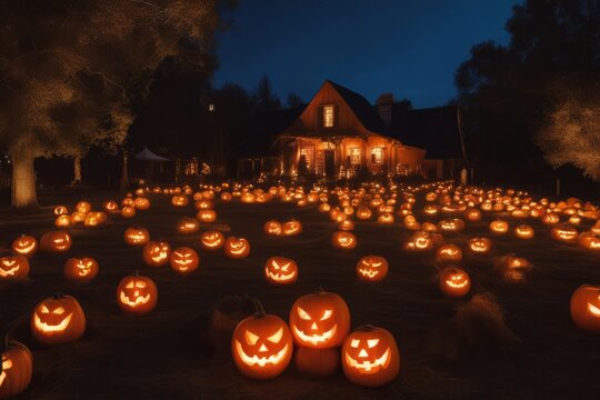 Halloween night, the field in front of the house is littered with pumpkins