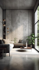 Modern living room in dark and light colors. With modern furniture and natural plants. Generative AI