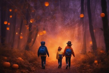 Fototapeta premium Kids walking from school on Halloween on a forest road encountered a huge spider web
