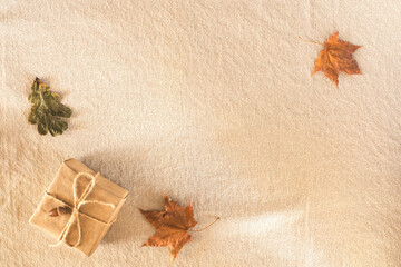 Autumn composition with autumn dry leaves, a gift wrapped in kraft paper, laid out in a corner on a...