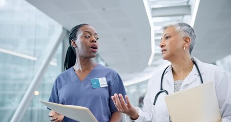 Documents, teamwork of doctor and nurse walking in hospital lobby, mentor and student discussion. Collaboration, folder and people, surgeon and medical professional in healthcare, planning or talking