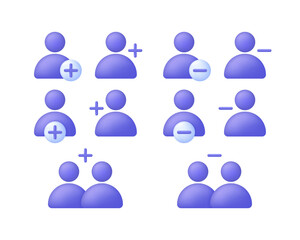 3D Set of User icon and plus, minus marks isolated on white background. Avatar, human, person, people icon.