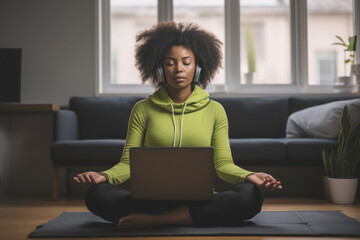 A young Afro-American woman learns to meditate in a guided session by an online instructor through her laptop at home to enhance her mental health.