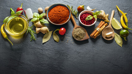 Food cooking ingredients background with various herbs, spices and olive oil on dark stone background with copy space top view