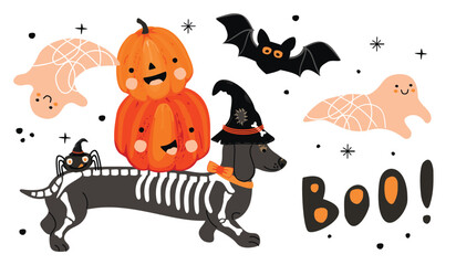 Halloween card with cute funny characters,lettering and doodle elements.Cartoon dog in skeleton costume,pumpkins,bat,ghosts and spider.Vector hand drawn illustration isolated on a white background.
