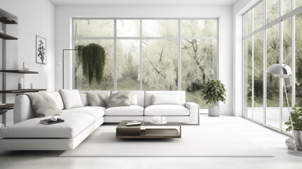 Living room with minimalist white furniture. Generative AI