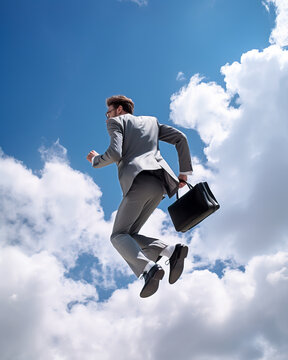 Businessman in a suit, jumping across a blue sky with clouds. Concepts of the sky is the limit, success and good business. 