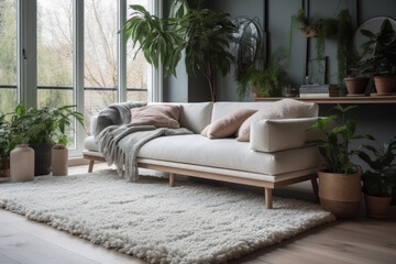 Scandinavian style minimalist living room with natural plants and large windows. Generative AI