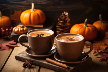 Tuinposter Warm cups of apple cider and pumpkin spice lattes © thejokercze