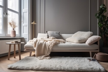 Minimalist living room with nice beige and white sofa. Generative AI