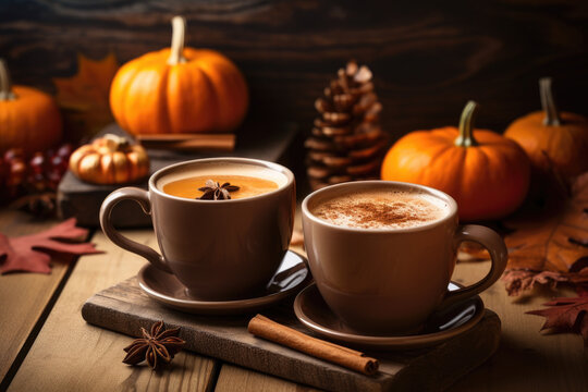 Warm cups of apple cider and pumpkin spice lattes