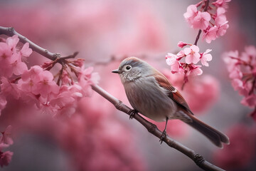 Nightingale Amidst Pink Cherry Blossoms Hopping in Nature's Symphony. Generative Ai. 
