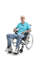 Young tattooed man in wheelchair on white background