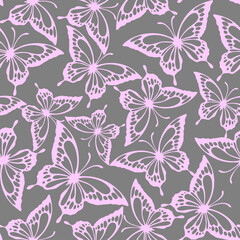 seamless pattern of pink contours of butterflies on a gray background, texture, design