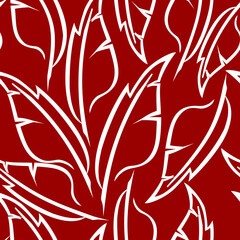 white graphic drawing of stylized feathers on a red background, texture, design