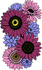 multicolor drawing of a bouquet of wild flowers with a black outline, design, graphics